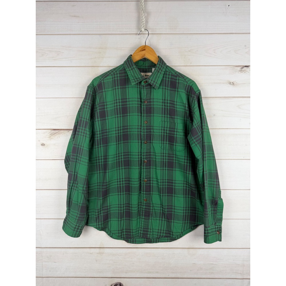 Vintage LL Bean Button Down Shirt Mens Large Green Plaid Cotton Blend Grunge Dad